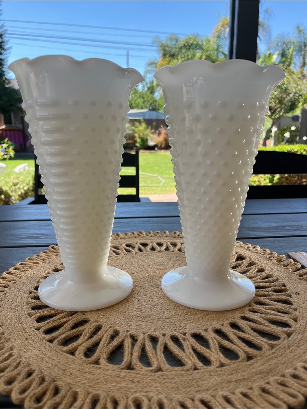 Milk Glass Hobnail Vase Pair - White